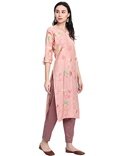 Image of 1 Stop Fashion Women's Chanderi Silk Pink Color Straight Kurta with Gold Print