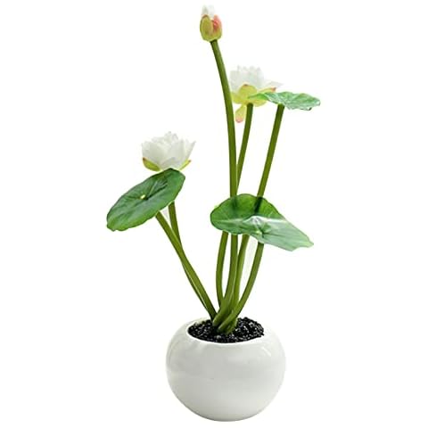 XuanMax Artificial Lotus Flowers in Ceramics Pot with Lotus Leaf Decorative Artificial Plants with Silk Lilies Flowers Fake Artificial Potted Bonsai Home Ornaments for Office Table Decor - White Cover