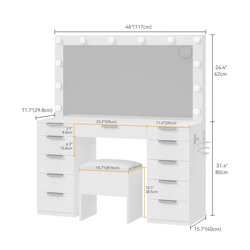Image of DWVO Vanity Desk Set with Mirror & Power Outlets, Vanity Table with Stool, 12 LED Bulbs, 3 Dimmable Light Colors, 11 Drawers, Hair Dryer Rack & Magnifying Mirror