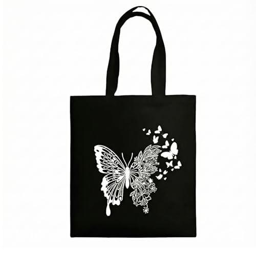 Image of STRUTT Foldable Canvas Tote Bag for Women, Tote Bag for College Girls, 100% Organic Cotton Reusable Shopping Bag for Grocery, Eco-Friendly Multi-Purpose Bag for Travel & Daily Use - White Butterfly