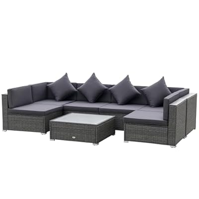 Outsunny 7-Piece Patio Furniture Sets PE Rattan Sectional Sofa Set Outdoor Conversation Set w/Acacia Top Coffee Table & Cushion for Garden, Backyard, Grey