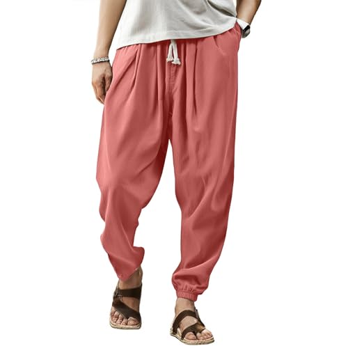 WENKOMG1 Mens Lightweight Pants, Casual Cotton Linen Joggers Elastic Bottom Athletic Workout Lounge Pants, M-4XL