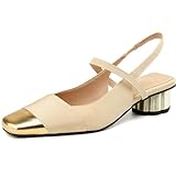 Eestfy Zapatos Slingback Punta Cuadrada Mujer - Puntera Dorada, tacón Ancho Metalizado, Negro & Beige,Beige,42 EU