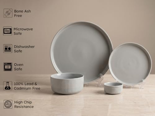 Image of Bodhi House 20-Piece Ribbed Porcelain Dinnerware Set | Quarter Plates, Katori & Serving Bowls, Chip Resistant, Lightweight Microwave & Dishwasher Safe Crockery Set, Pearl Grey