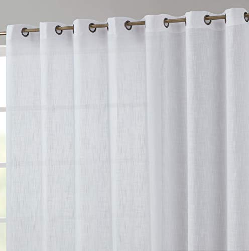 HLC.ME Faux Linen Semi Sheer Extra Wide Light Filtering Patio Door Grommet Curtain Panel for Sliding Glass Doors - White - 100 W x 84 Inch Long