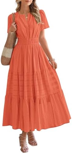 BTFBM Womens Summer 2025 Casual Midi Maxi Dresses Lightweight Short Sleeve V Neck Elastic Waist Boho Beach Dress Pockets