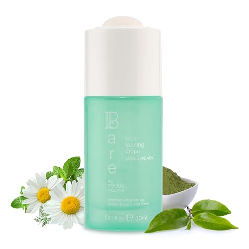 Bare By Vogue Face Tanning Drops - Medium/Dark, Customisable Sun-Kissed Glow - Infused with Green Tea, Chamomile, and Pomegranate Extract - For Smooth, Hydrating & Radiant Skin (30ml)