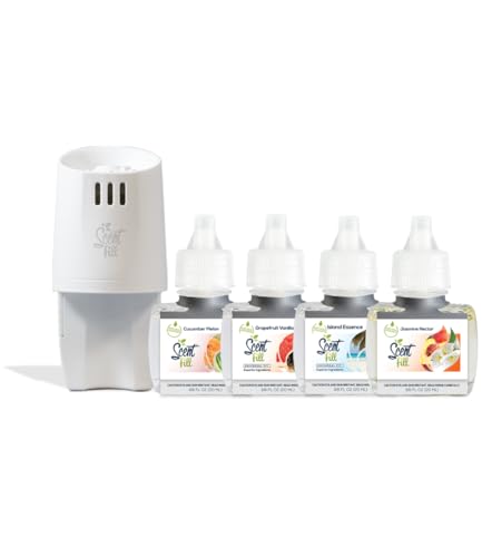 Summer Scent Fill Plug in Air Freshener Kit (Cucumber Melon Grapefruit Vanilla Island Essence and Jasmine Nectar) 4 Refills + Diffuser