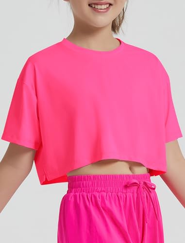 Image of EXARUS Girls Athletic Shirts Quick Dry Workout Split Back Crop Tops 6-14Y | Tween Athletic Sports Soccer Activewear Gym Running Dri Fit Teen Tennis Performance Hiking Short Sleeve Tees Kids 6-14Y