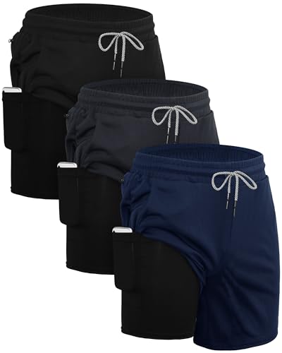 Sureio 3 Pcs Men's 2 in 1 Running Shorts 7 Inch Quick Dry Athletic Workout Shorts with Liner Phone Pockets Towel Loop