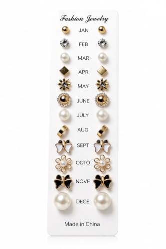 Image of 12 Pairs Stud Earrings Set for Women & Girls | Pearl, Bow, Flower & Square Designs Earrings Combo | Lightweight, Skin Friendly Daily Wear Jewelry