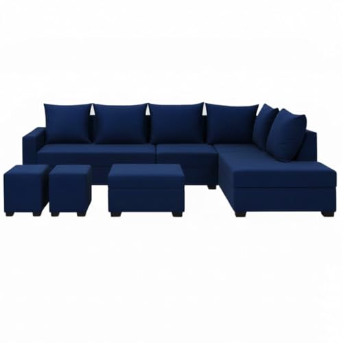 Image of FURNY Gloria 8 Seater Fabric RHS L Shape Sofa Set with 1 Centre Table & 2 Puffy (Dark Blue) Premium Velvet Finish | Ideal of Living Room