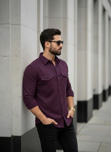 Image of DEELMO Men's Classic Cotton Blend Slim Fit Shirt || Full Sleeve Button-Down Casual Shirt with Dual Flap Pockets || Soft Breathable Fabric || Ideal for Office Party and Everyday Wear