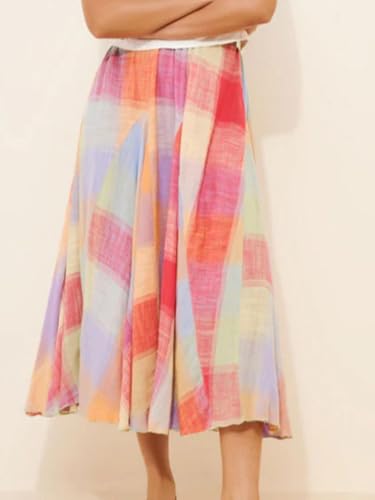 Women Multicolour Plaid Ruffle Long Skirt Elastic Waist Flowy Summer Ruche Color Block Gingham Skirts3