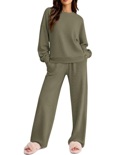 Ekouaer Lounge Sets for Women Textured Corduroy Long-Sleeve Top and Pants | Textured Corduroy, Relaxed Crew-Neck Top, Cuffed Sleeves, Wide-Leg Pants with Drawstring Waist and Side Pockets - image 1