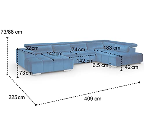 Mivano Wohnlandschaft Orion / Riesige Couch in U-Form inkl. XL-Recamiere und Kopfteilfunktion / 409 x 73 x 225 / Velours, Braun – Bild 4