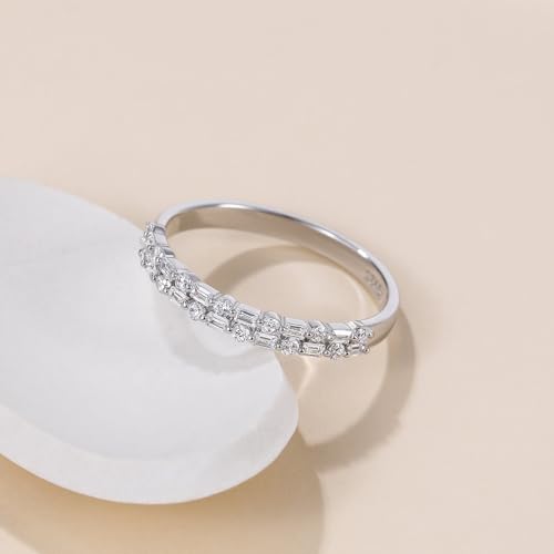 EAMTI 925 Sterling Silver Wedding Bands for Women Baguette Round Cubic Zirconia Two-Row Eternity Band Stackable Engagement Rings Size 4-102