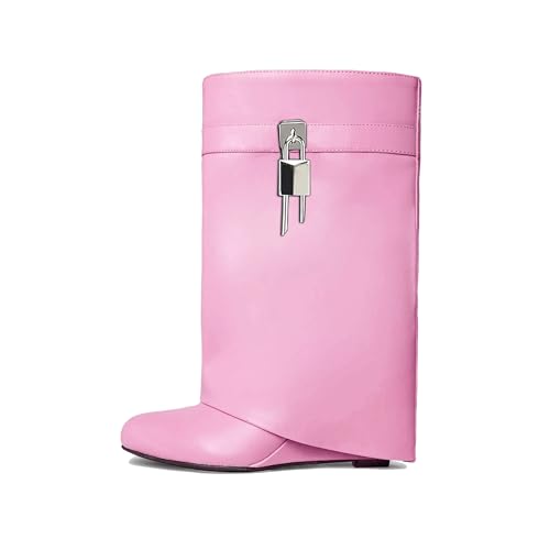 Image of keleimusi Fold Over Wedge Boots Heeled PadLock Pant Knee High Shoes Tall /Short Booties in Black