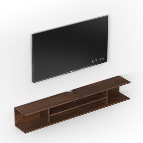 Image of Furniture Cafe Modern Wall Mounted TV Unit - Floating Entertainment Center with Shelves for Set Top Box, Books & Decor - Wooden Media Console for Living Room (Brown)