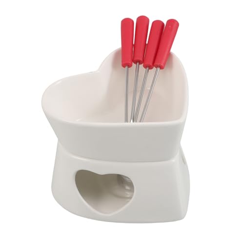 1Set Heart Shaped Ceramic Butter Warmer for Melting Chocolate Cheese and Seafood Cute Dessert Hot Pot with Forks for Romantic Dinners and Family Gatherings