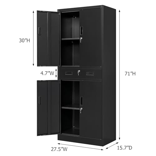 Metal Storage Cabinets with 1Drawer, 71" Storage Cabinet with 4 Locking Doors and 2 Adjustable Shelves, Steel Storage File Cabinet for Pantry Home, Kitchen, Office, Garage (Black)