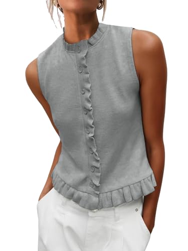 Hilomirics Womens Sleeveless Sweater Vest Mockneck Button Down Vacation Tank Top Summer Ruffle Going Out Vest Tops Grey