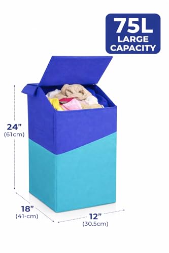 Image of 75L Large Laundry Basket with Lid, Foldable Non-Woven Fabric Clothes Hamper with Durable Handles, Heavy Duty Storage Bag for Bedroom, Bathroom, Nursery & Toys, Space-Saving Organizer (cross blue)