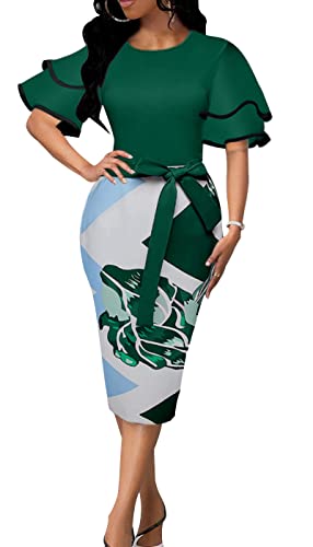 Bodycon Party Dresses For Women Elegant Short Ruffles Sleeve Crew Neck Floral Pencil Dress Split Back Business Suiting Wear To Work Green #TOP17
