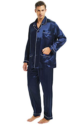 Image of Lonxu Pajamas Set Mens Silk Satin Pajamas Long Sleeve Loungewear Two-Piece Sleepwear Button-Down Pj Set S-XXXXL
