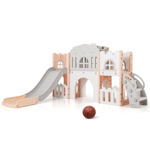 Costzon Juego de tobogán 8 en 1, tobogán independiente para niños con túnel, aro de baloncesto, juego de tobogán escalador para niños de 1 a 3 años con espacio de almacenamiento, regalos para niños y
