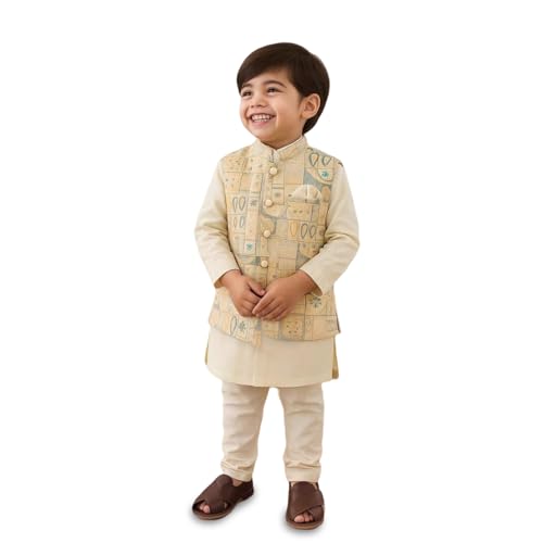 Image of Kidbea Boys Ethnic Kurta Pajama Set with Embroidered Nehru Jacket | Traditional Indian Outfit for Weddings & Festivals | Soft Comfortable Kidswear