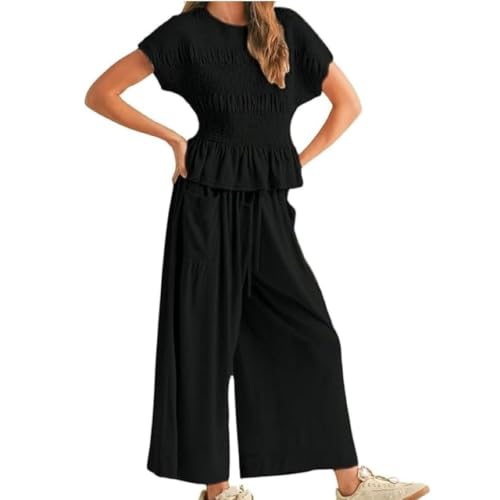 Conjunto de dos piezas para mujer con top de nido de abeja y pantalón holgado 6