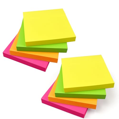 800 Bright Sticky Notes 76x76mm (3"x3") 8 Pads of 100 Sheets - Colourful Memo Notes in Yellow, Pink, Orange, Green or Peach - Note-Taking, Reminders, Checklist