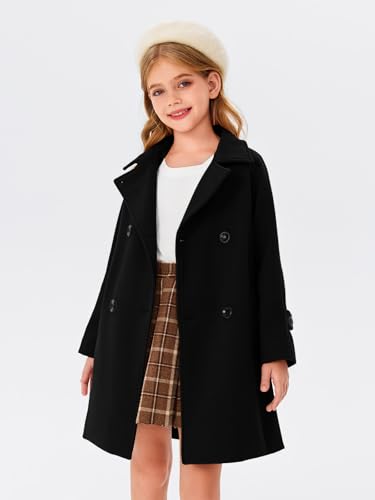 Haloumoning Girls Double Breasted Pea Coat Kids Long Sleeve Notched Lapel Winter Dress Coat With Pockets 5-14 Years2