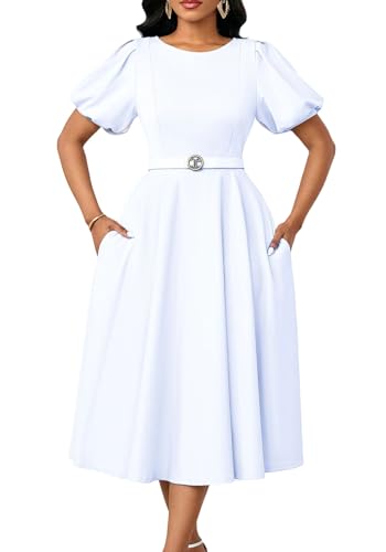 HuiSiFang Women's Elegant Dress High Waisted Ruched Solid Color A Line Puff Sleeve Dresses Pleated Maxi Dress with Belt