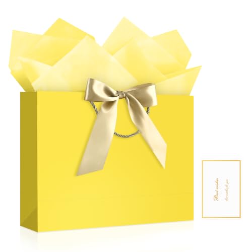 Image of JMANNI Gift Bags with Handles, 14.6 inch Large Gift Bags with Tissue Paper | 1 Pcs Yellow Bags, 2 Tissue Paper and 1 Cards, for Baby Shower, Wedding Bridal Shower, Birthday Party