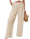 SEMARO Womens Casual High Waisted Linen Feel Pants Wide Leg Lounge Palazzo Trousers Beach Outfits with Pockets Khaki