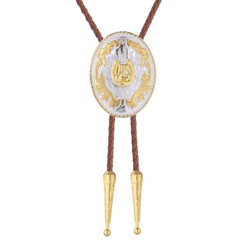Image of GelConnie Brown Bolo Tie for Men Women Western Ties Mens Gold Bolo Tie Rodeo Cowboy Leather Necktie Cowgirl Tie Wedding