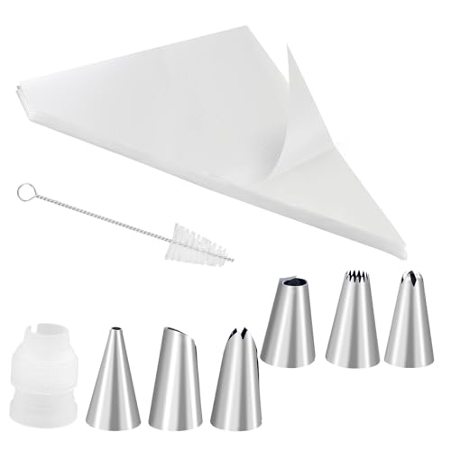 Lot de 100 poches à douille + 6 douilles + 1 coupleur à gâteau pour douilles + 1 brosse de nettoyage - Grande poche à douille professionnelle pour décoration de pâtisseries, gâteaux, biscuits