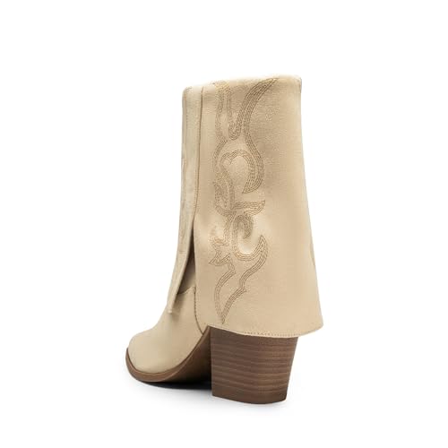 Dream Pairs Womens Cowboy Boots, Fold Over Pull On 3.14 Inch Chunky Heel Pointed Toe Embroidered Western Cowgirl Fashion Mid Calf Boots,Size 8,Beige-Suede,Sdmb2413W thumb #3