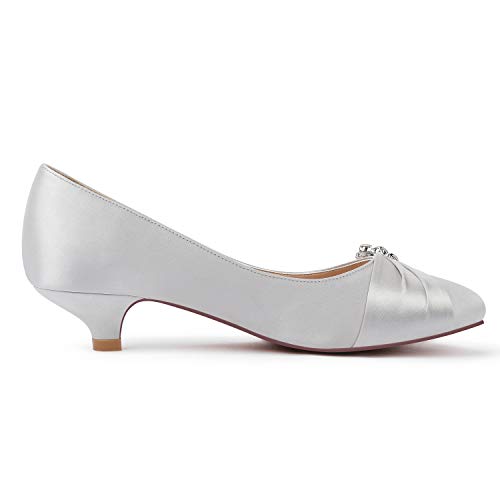 Image of ERIJUNOR Women Closed Toe Comfort Kitten Heels Rhinestones Satin Wedding Evening Dress Shoes