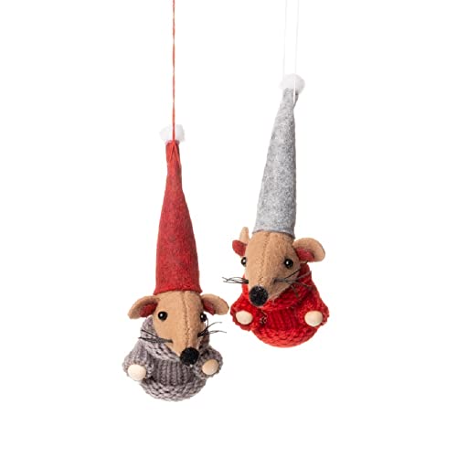 PARTS4LIVING Textil Anhänger Maus im 2er Set Weihnachtsfiguren Weihnachtsanhänger Hängedeko Weihnachtsdeko Baumanhänger aus Strick und Filz rot/grau 11 cm Cover