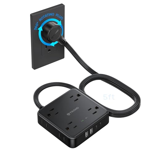 Image of TROND 360 Rotating Flat Plug Power Strip, 5FT Flat Extension Cord with Multiple Outlets 4 USB (2 USB C), Wall Mount Surge Protector 1440 Joules for Home Office Travel Dorm Room Essentials, Black