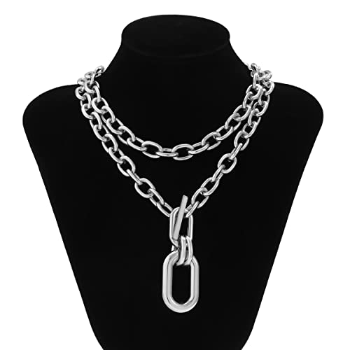 Rumtock 2Pcs Silver Layered Chunky Chain Choker Necklace With Toggle Clasp Rectangle Oval Pendant Punk Jewelry For Women Girls Gift #TOP3