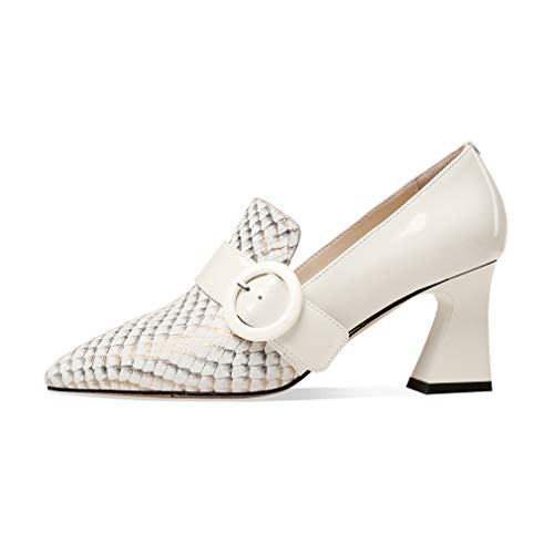 TinaCus Patent and Genuine Leather Women's Handmade Pointed Toe Modern Buckle Decor Mid Spool Heel Slip On Pump Shoes2