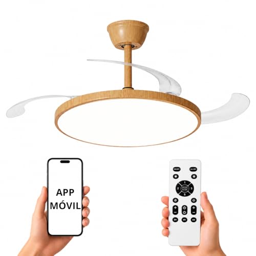 NARVI Ventilador de Techo Acabado Madera Haya con Luz LED Regulable, Motor DC Silencioso de Bajo Consumo, Lámpara Ventilador con Mando, 3 Aspas Retráctiles, MUMBAI 8991 WDNL