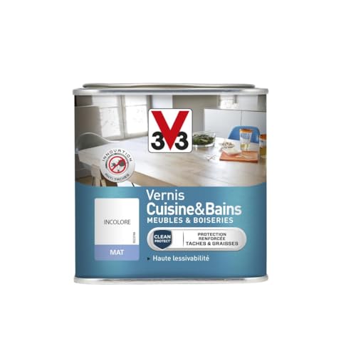 V33 Vernis intérieur cuisine & bains meubles et boiseries, Incolore mat 0,5L