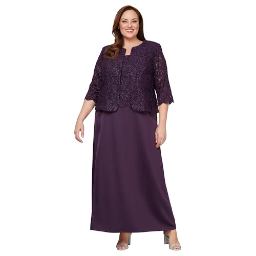Alex Evenings Women's Long Two Piece Mother of The Bride Dress with Lace Jacket, Wedding Guest, Formal (Plus Size), Aubergine, 22W