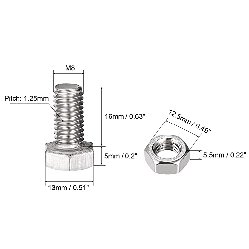Image of uxcell M8 x 16mm Hex Head Screws Bolts, Nuts, Flat & Lock Washers Kits, 304 Stainless Steel Fully Thread Hexagon Bolts 4 Sets