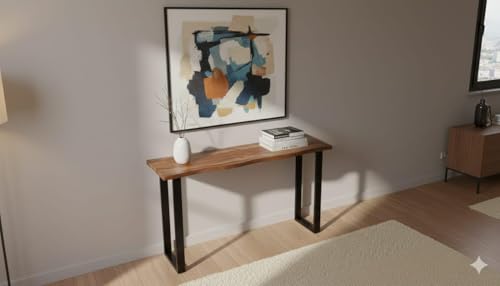 Image of Solid Sheesham Wood Console Table for Living Room | Entryway Hallway Sofa & Fish Tank Table | Handcrafted Wooden Accent Furniture for Foyer Corridor & Behind Couch | Light Walnut Finish